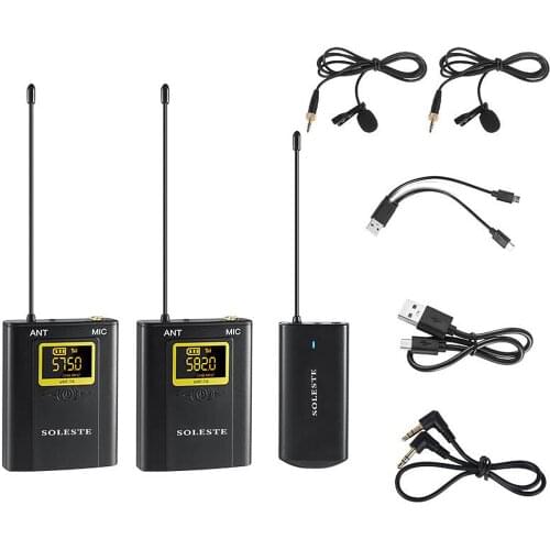 Docooler WM-02 20 Channel UHF Wireless Microphone System 1 Receiver 2 Transmitters 2 Lavalier Microphone 80m Range for PC Camera