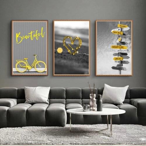 Black Gray Yellow Color Bicycle Heart Shaped Canvas Painting Canvas Printing Poster Poster and Printing Nordic Home Decorative
