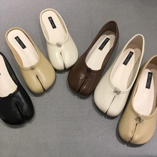 Cowleather Trotters toe flats mules woman summer retro loafers japanese ninja clip toe ladies flipflops designer slippers slides