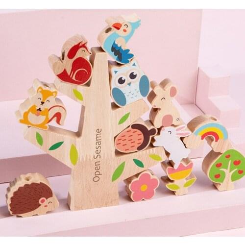 Children Wooden Forest Animal Balance Building Block String Beads Board Games Stacking High Balancing Tower Educational Toys