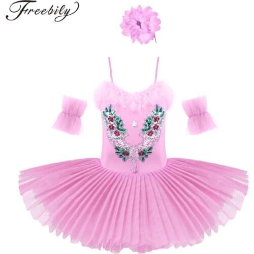 Girls Ballet Tutu Dress Sequins Dance Gymnastics Ballet Leotard Dress Kids Dancewear Stage Performance Swan Dance Costume Set