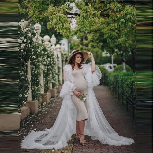 Elegant White Tulle Overlay Dresses For Matenrity Photo Shoot Half Sleeves Puffy See Thru Women Pregnancy Gowns Long Train