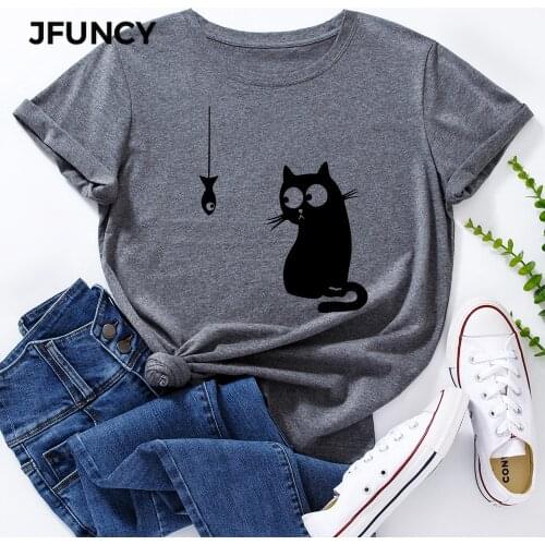 JFUNCY Plus Size 5XL Women Summer T-shirt Cute Cat Graphic Print Tees Short Sleeve Woman Tshirt 100%cotton Female Tops