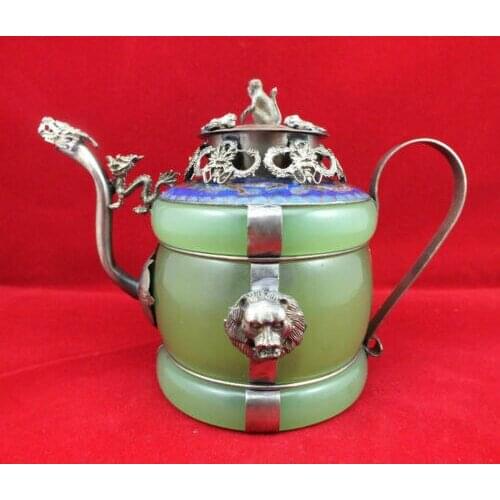 Chinese handwork old green jade bracelet inlay tibet-silver dragon teapot monkey