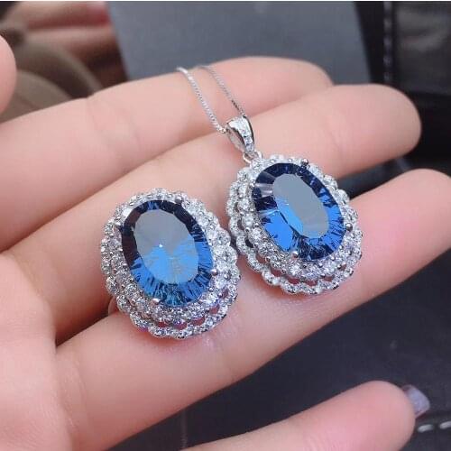 KJJEAXCMY Fine Jewelry 925 sterling silver inlaid natural blue topaz female ring pendant set beautiful Support detection