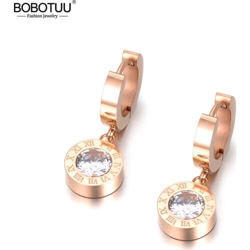 BOBOTUU Classic Round Roma Number Titanium Steel Hopp Earrings Charming CZ Crystal Wedding Earrings Jewelry For Women BE18041