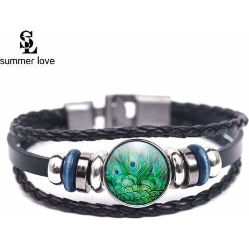 Summer Love Multilayer DIY Peacock & Baby Cabochon Bracelet Handmade Braided Leather Bracelet Snap Button Jewelry Wholesale