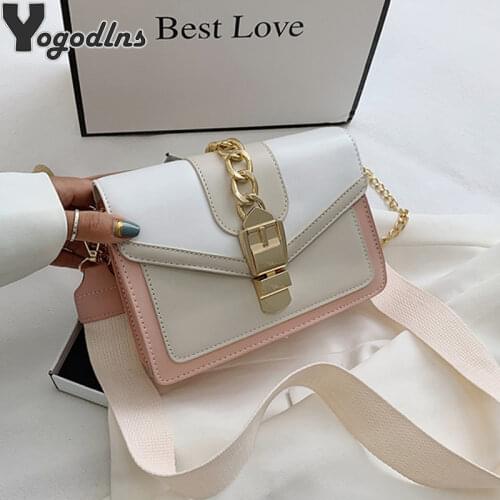 Fashion Women Chain Crossbody Bag Leisure Splice Small Square Bag Hit Color Shoulder Bag Advanced Design Messenger Bag Wide Belt
