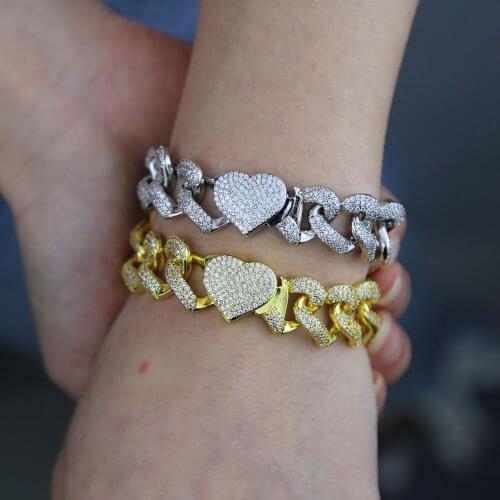 Fashion Hip Hop Iced Out Bling Heart-Shaped Clasp Link Chain Women Bracelet Miami Cuban Link Cubic Zirconia Chunky Wholesale