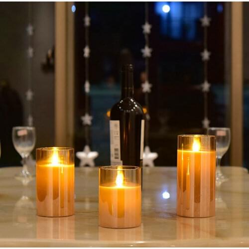 Set of 3 Remote control Battery operate Pillar Candles Paraffin Wax LED Glass Candle Dancing Swinging wick Home Bar Decoration