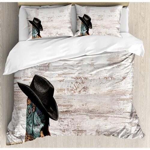 Western Duvet Cover Set Traditional Rodeo Cowboy Hat and Cowgirl Boots Retro Grunge Background Art Photo 3 Piece Bedding Set