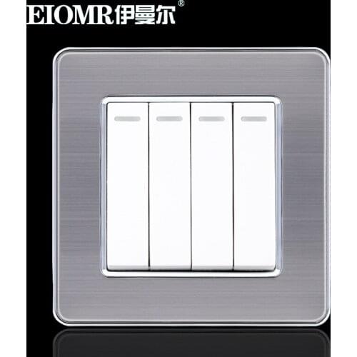 86mm EU White Stainless Steel Metal Wire Drawing Wall Switch for Household Power Supply 4Gang 2Way Switch 250V 16A