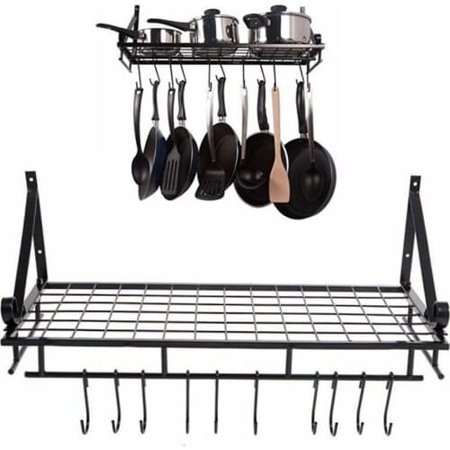 New Kitchen Wall Mounted Pot Pan Rack Holder Cookware Storage Shelf Hanger With Hook Kitchen Storage Rack Tableware Organizer