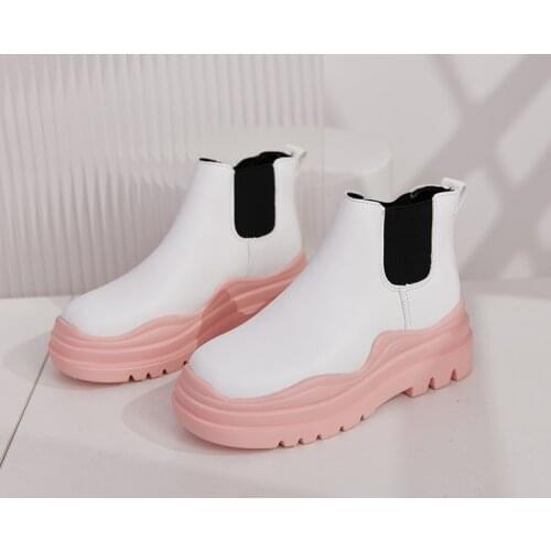 New Design Pink Thick Sole Chelsea Boots Women Genuine Leather Round Toe Ankle Boots Woman Casual Motorcycle Boots Mujer 2021