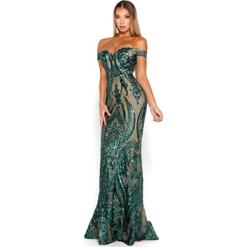 Slash Neck Off The Shoulder Sequined Zipper Maxi Dress Sleeveless Stretch Elegant Evening Party Dress Burgundy Green