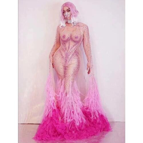 Transparent Gauze Pink Rhinestone Fishtail Dress Birthday Sexy Outfit For Women Prom Sexy Wear Singer Stage Long Dress VDB3002
