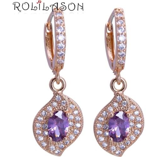 ROLILASON Wedding Delicate Crystal Earrings yellow gold color purple zircon fashion Jewelry Zirconia Drop Earrings JES1148