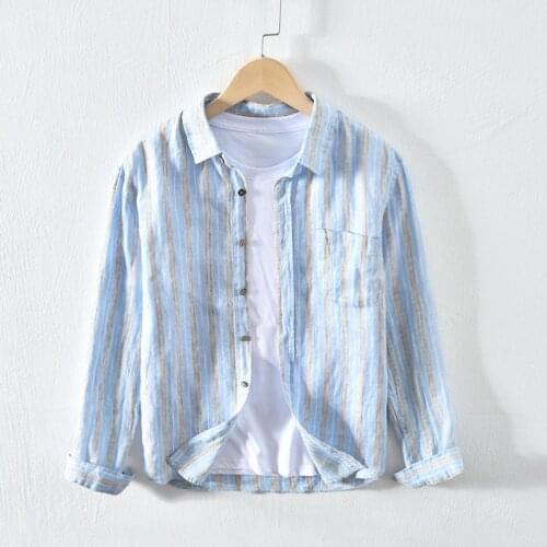 Men Spring Summer Fashion Japan Style High Quality Linen Rainbow Stripe Long Sleeve Single Breasted Shirts Male Casual Loose Top