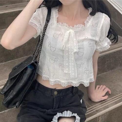 Japanese Korean Summer White Chiffon Blouse Soft Girl Kawaii Casual Lace Princess Clothes Sweet Puff Sleeve Slim Lolita Shirts
