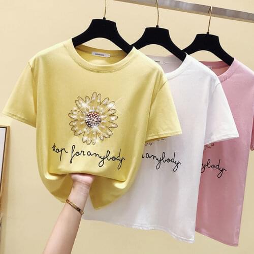 Daisy Print T-shirt Womens Short-sleeved 2021 Summer New Korean Version Beaded Sequins Printed Half-sleeved Top Woman Tshirts