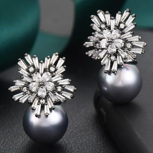 Sweet Fashion Snowflake Earrings For Women Imitation Pearl Back Cubic Zirconia Stud earings jewelry Girls pendientes mujer moda