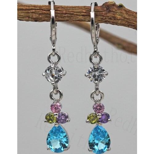 Luxury Drop Earrings for Women White Gold Color Earring With Waterdrop Blue Red Zircon Teardrop Women Party Wedding Jewelry