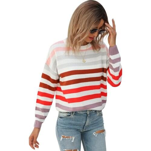 Long Sleeve Colorful Striped Sweater Women O Neck Sweet Pullovers and Sweaters 2020 New Arrival Jumpers