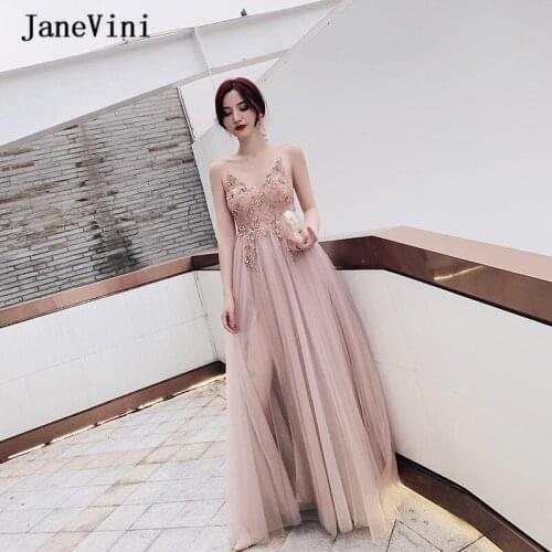 JaneVini Dusty Pink Crystal Long Prom Dresses 2020 Sexy Deep V Neck Sleeveless Side Split Tulle A Line Evening Gowns Robe Longue