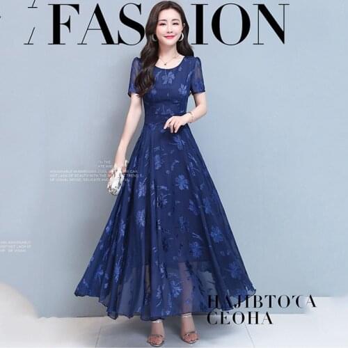 Chic Lady Vintage A-line Maxi Party Dresses Vestidos 2021 Summer Navy Print Long Dress Women Elegant Bodycon Short Sleeve Dress