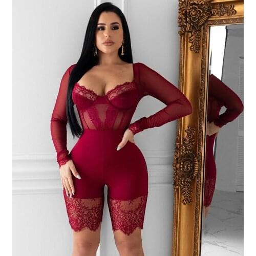 Lace Patchwork Sexy Bodysuit Womens Jumpsuit Shorts Mesh Sheer Long Sleeve Rompers Elegant Bodycon Bandage Party Short Playsuits