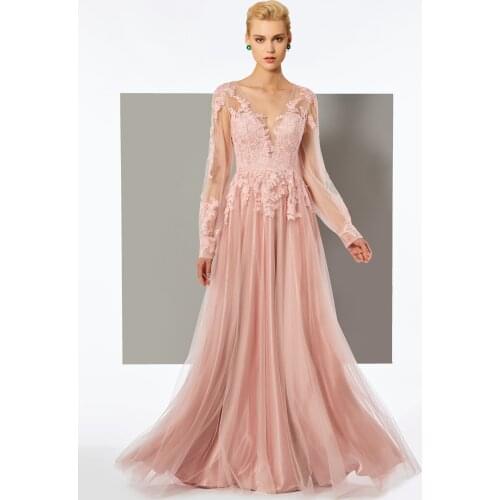Tanpell Charming A-Line Appliques Evening Dress Tulle V Neck Long Sleeve Zipper-Up Floor-Length Women Party Custom Evening Dress