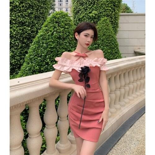 2021 High Quality Summer Ruffles Patchwork Pencil Dress Women Vintage Sexy Off Shoulder Halter Sweet Mini Dress