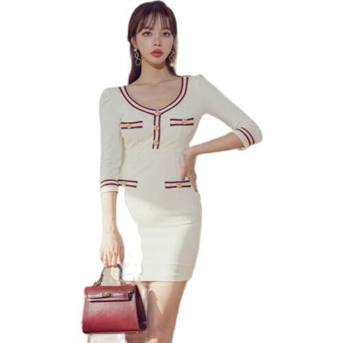 Winter Knitting One piece korean ladies Sexy white half SLeeve Sexy Office party Dress for women china clothing