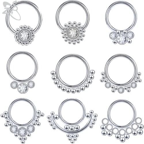ZS 16G Crystal Nose Ring 316L Stainless Steel Septum Clicker Flower Bohemia Indian Nose Piercing Ear Tragus Helix Piercings 8MM