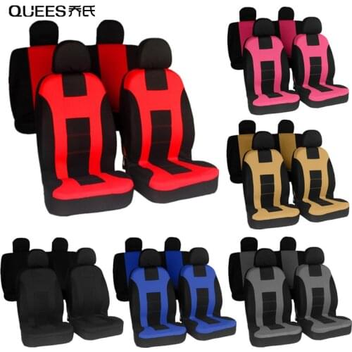 QUEES 2/4/9pcs Car Seat Cover Fabric Car Seat Protective Cover Cushion General Auto Interior Modeling Black Red Car Accessories