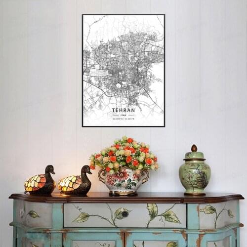 Black and White Tehran Iran White Latitude Longitude Canvas Art Map Poster