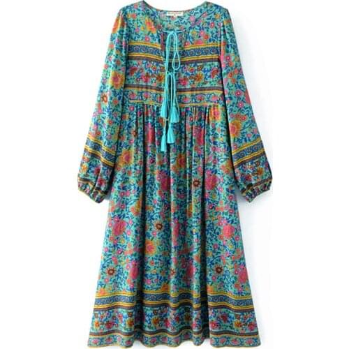PERHAPS U Green Boho Bohemian Loose Floral Print Tassel Full Long Sleeve O Neck Maxi Long Dress D0212