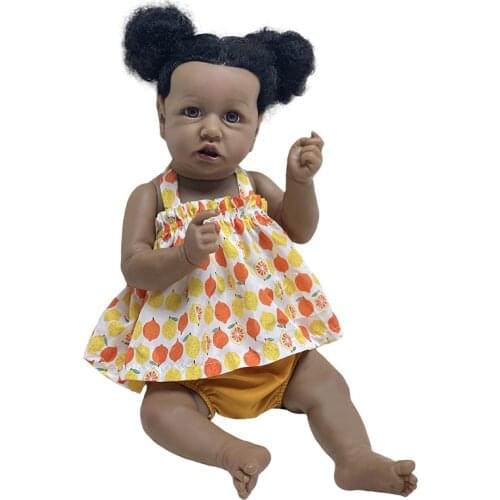 55CM Bebe Reborn Dolls Toddler Girl Baby Doll with Rooted Black Curly Hair and Dress Kids Gift Toy African American Bonecas Bebe
