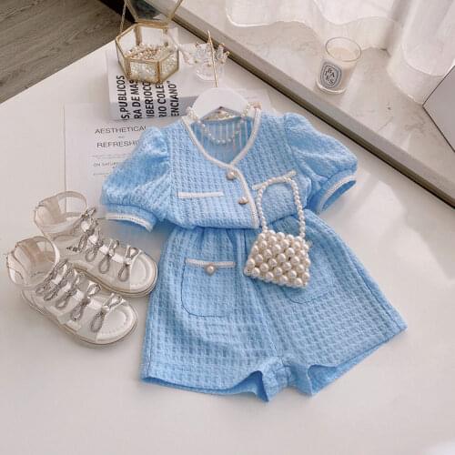 2021 Summer Girls' Set Blue Color Vintage Set Children Clothes Set Plaid Blouse Shirt and Shorts Childrens Outfits Wholesale