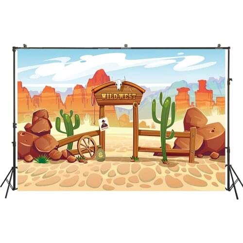 Cartoon Wild West Scene Photography Backdrop Wanted Poster And Mountains Cactus Skull Banner Studio Background Game Portrait