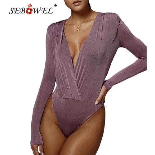 SEBOWEL Sexy Deep V Long Sleeve Bodysuit Woman 2021Spring Autumn Solid Elegant Jumpsuit Female Slim Romper One Piece Tops S-L