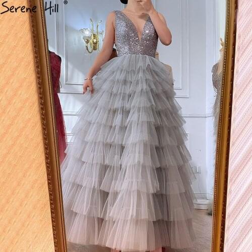 Serene Hill Grey A-Line Luxury Evening Dresses Gowns 2021 Beading Tiered Sexy For Women Party LA70918