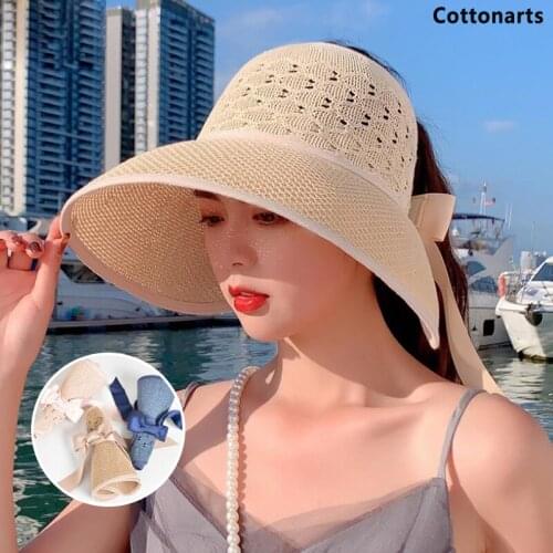 Summer Female Fashion Sun Hats Big Brim Empty Top Hat Classic Bowknot Ribbon Foldable Straw Hat Casual Tarvel Beach Ponytail Hat