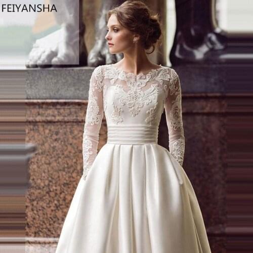 Wedding dress Long Sleeve A Line Satin Wedding Gown with Train White / Ivory Lace Appliques Bride Dresses