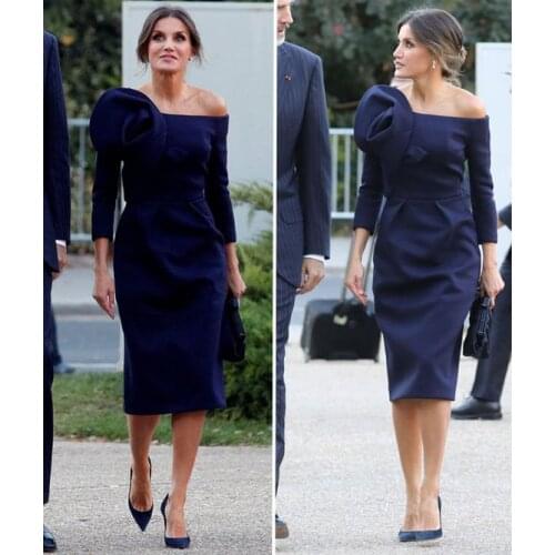 Dark Blue 2021 Off Shoulder Mother Of The Bride Dresses Tea Length Midi Evening Gowns 3/4 Sleeves Queen Formal Prom Party Dress