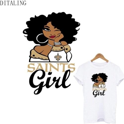 Saints Girl Patch For Clothing Iron On Transfer Black Women DIY T-Shirt Sweatshirt Thermal Sticker Washable Appliqued On Clothes
