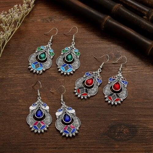 Vintage Silver Color Drop Earrings Creative Contrast Color Dripping Oil Palace Style Ladies Earrings Women Indian Jewelry Gifts