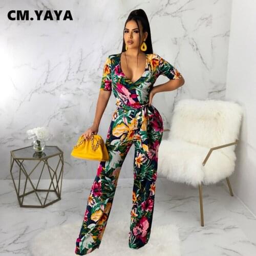 CM.YAYA Women Jumpsuit Print Short Sleeve V-neck Bandage Sashes Loose Wide Leg Jumpsuits Fashion One Piece Overalls Summer 2021