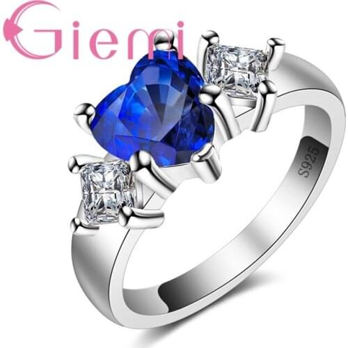 Top Quality Clear Blue Crystal Love Heart Shape 925 Sterling Silver Women Finger Rings for Wedding Bridal Wholesale