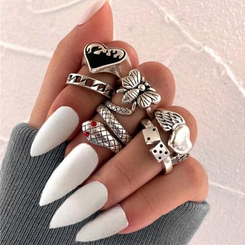 Punk Black Heart Gothic Rings Silver Color Butterfly Finger Set For Women 6PCS Dice Bee Snake Jewelry Anillos